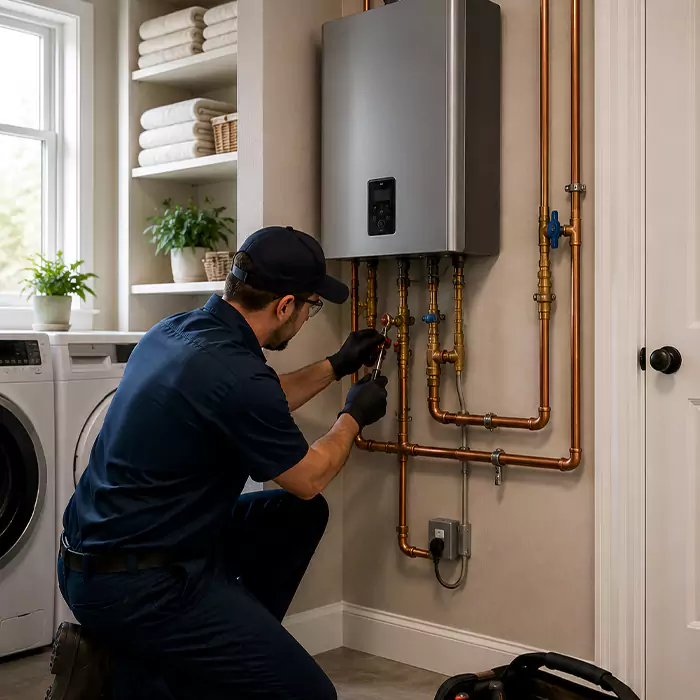 Technician providing tankless water heater installation in Katy TX