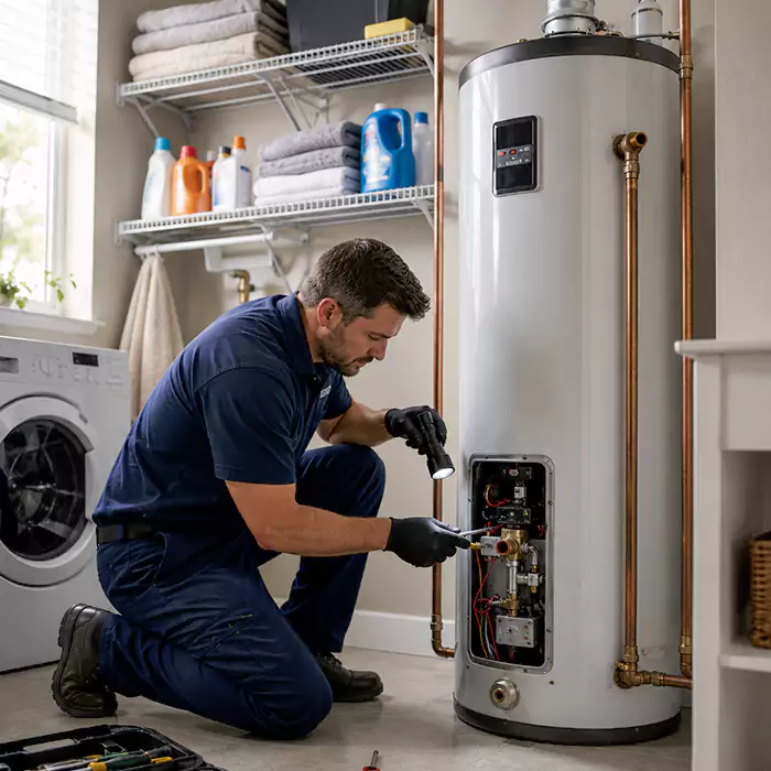 Water heater technician servicing a residential unit